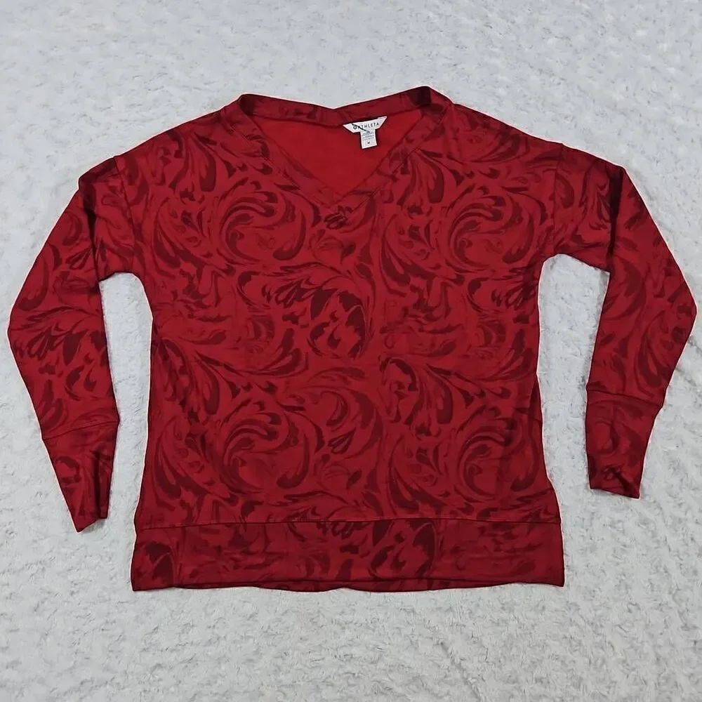 Athleta Coaster Luxe Red Floral V Neck Long Sleeve Soft Sweatshirt Womens Medium